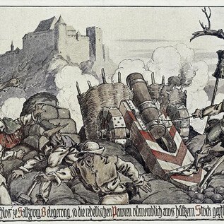A historically depicted scene with fighters and a large siege weapon. In the background, a castle is visible while the figures are entangled in a chaotic battle. | © Salzburg Museum