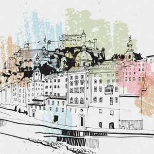 A stylized drawing of a city with historical buildings and a fortress in the background. Colorful accents give the image a lively character. | © MZS