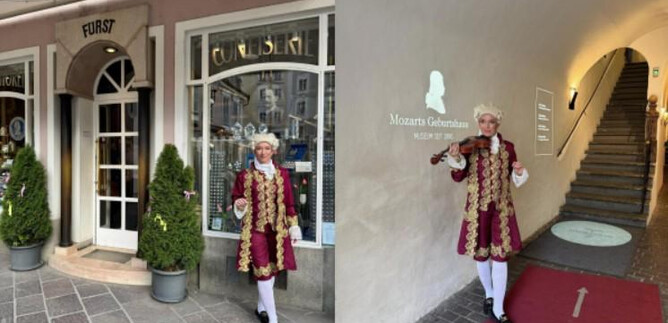 A historic building with the sign "Furst" and two potted plants in front of the door. On the other side stands a person in a historical costume with a violin in front of the entrance to the "Mozart Birthplace." | © Sabine Rath