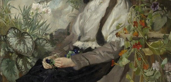 A girl is sitting in a room full of plants and flowers. She has long hair and is wearing elegant clothing. | © DomQuartier