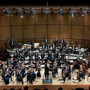 A large orchestra is playing on a stage. Many musicians in formal attire are visible, with various instruments. | © Angelica Concari