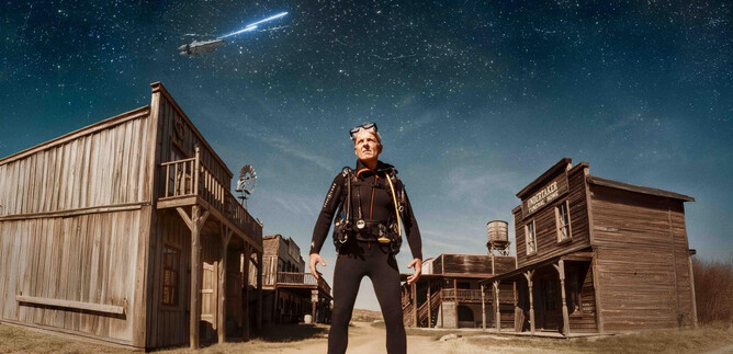 A man in a suit stands in an abandoned Western town under a clear starry sky. In the background, old wooden houses can be seen. | © Ingo Pertramer
