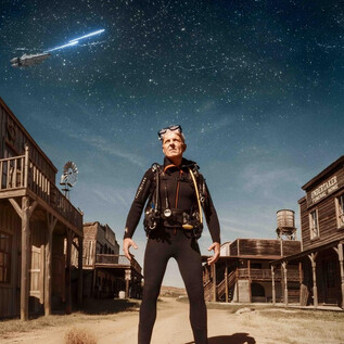 A man in a suit stands in an abandoned Western town under a clear starry sky. In the background, old wooden houses can be seen. | © Ingo Pertramer