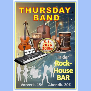 An event poster for the band "Thursday Band". It features various musical instruments and information about the event at the Rock-House BAR on January 5, 2024. | © Rockhouse Salzburg