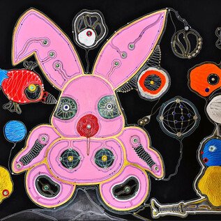A pink rabbit with large ears and glowing eyes on a black background. Various abstract shapes and colors are arranged around the rabbit. | © Vanessa Küstne