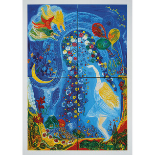 A colorful painting featuring a woman surrounded by flowers and balloons. The background is in vibrant shades of blue and includes various imaginative elements. | © Herman Seidl
