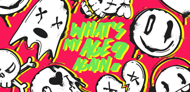 A bright pink background with various cartoonish faces, including ghosts and skulls. The text "What’s my age again?" is displayed in bold green font. | © Rockhouse Salzburg