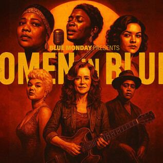 A striking background with the title "Women in Blues." Five women depicted in a musical context, including one with a guitar. | © Rockhouse Salzburg