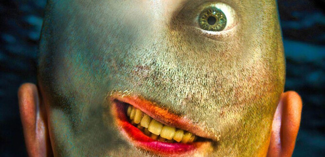 A surreal head with an unusual facial expression and a mix of human and animal features. The eyes and mouth are striking and create a bizarre mood. | © Benjamin Blaikner