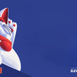 A stylized lucky cat (Maneki-neko) on a blue background. The cat raises one paw and wears a red collar. | © Rockhouse Salzburg