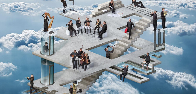 A creative depiction of a surreal music scene in the clouds. Musicians play various instruments on a floating platform with stairs and columns. | © A. Hechenberger, M. Sepperer