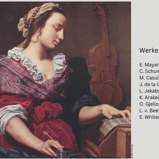 A painting of a woman sitting at a table and playing a musical instrument. She is wearing an elegant dress and looks focused. | © Kammerchor Salzburg_zeno.org